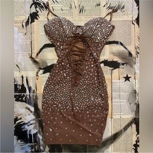 Fashion Nova Brown Rhinestone Mini Dress